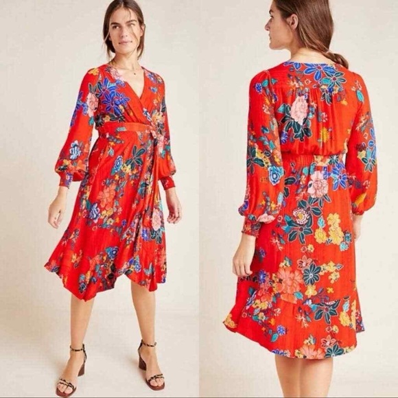 Anthropologie Dresses & Skirts - Anthropologie Boswell Textured Wrap Red Floral Long Sleeve Dress Sz 4